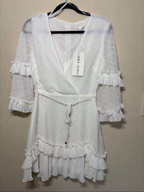 Saints + Secrets White Ruffle Mini Dress with Tie Waist